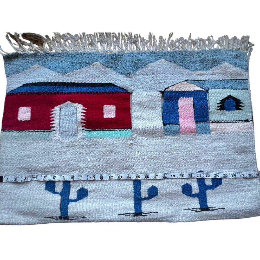 Handwoven Cotton Wool Southwestern-Style Wall Hanging Or Rug With Cactus & Villa
